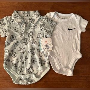 Lot of 2. NWT Disney Mickey Mouse Romper & white NIKE onesie. Sz 3mos.